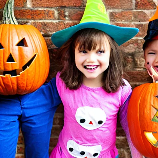 Prompt: children dressed in happy halloween clothes