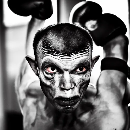 Prompt: portrait of nosferatu after boxing, brews blood, sweating, boxing gloves, 5 0 mm lens, realistic photography