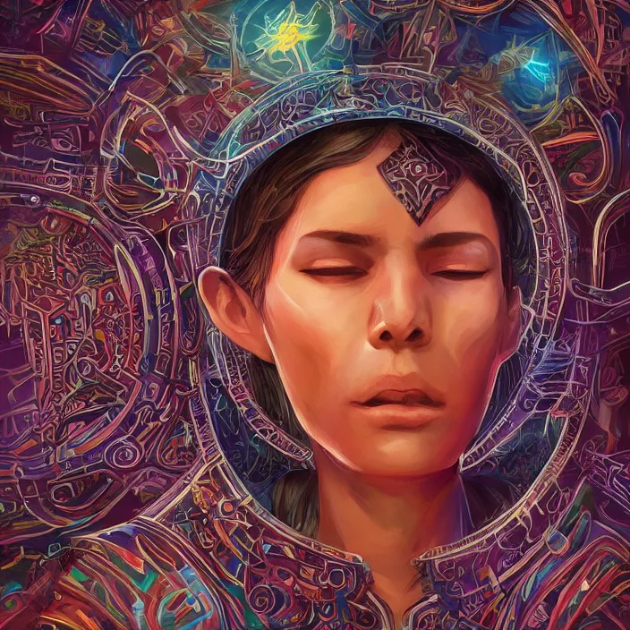 Image similar to portrait of a future metaverse ayahuasca tech shaman warrior, 2 d cartoon, visionary art, symmetric, magick symbols, holy halo, shipibo patterns, sci - fi, concept art, trending on art station, 8 k digital art, by mandy jurgens, fantasy portrait art, anime