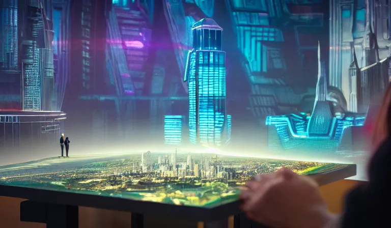 Image similar to crowd of people in open museum, looking at hologram of futuristic city on a table, cinematic concept art, godrays, golden hour, natural sunlight, 4 k, clear details, tabletop model buildings, center model buildings, hologram center, crane shot, wide shot, high shot