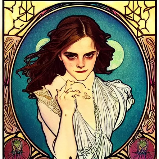 Image similar to emma watson portrait by louis - theophile hingre and alphonse mucha, realistic, sharp focus, zodiac signs, tarot cards, planets, ethereal, art nouveau, magic, moon, sun, crown, dreamy, royal, jewellery