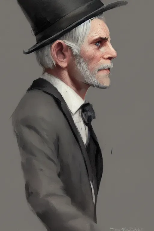 Image similar to a halfling grey hair with stubble top hat and suit by Greg Rutkowski, painting, portrait, high details, trending on artstation