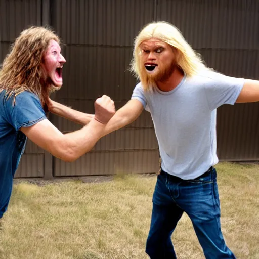 Image similar to long - haired blonde hillbilly fighting a cardboard boxman