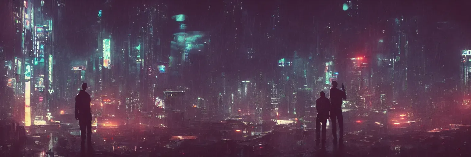 Image similar to shot of the man standing on the roof during rain, looks at impressive cyberpunk city at night during great storm, nightscape, futuristic architecture, realistic photo, neons, blade runner, akira style, cinematic lighting, cinematic angles
