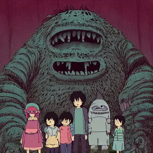 Image similar to monster lurking behind a happy family by studio ghibli, color, highly detailed, detailed, intricate, scary, horror, eerie, nightmares, dark, dramatic, 8 k