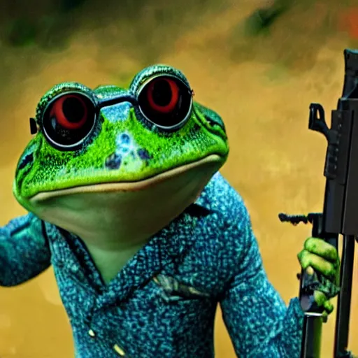 Image similar to cinematic shot of an anthropomorphic frog wearing a blue suit holding a black ak-47 in a swamp, highly intricate, highly detailed, epic,