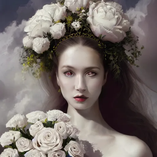 Prompt: painting of a a queen with a white large magnificent more and more vaporous ,wrapped ,hight decorated, detailed ,white and cream roses cotton dress shooting surrounded by a bouquet of abstract white flowers and clouds, dramatic light, artstation octane,surrealism 8k