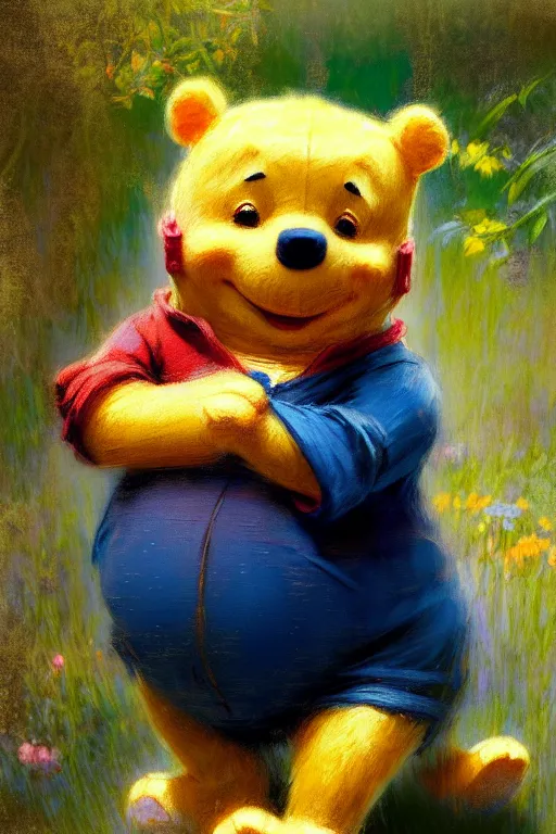 Image similar to soft colorsphotograph imax and solomon joseph solomon and richard schmid and jeremy lipking victorian loose genre loose painting full length portrait painting of winnie - the - pooh disney