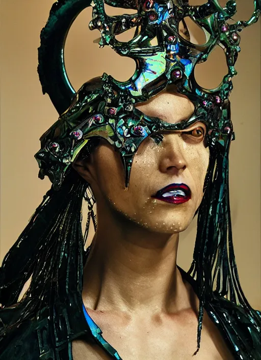 Image similar to a woman with iridescent skin, pirate weapons, by van herpen, iris