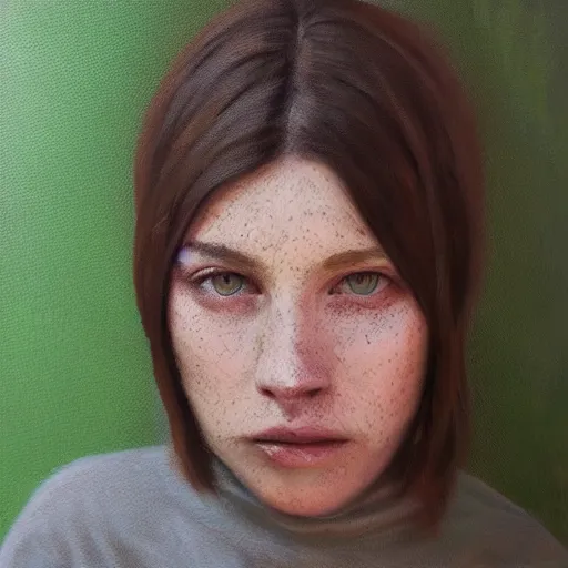 Image similar to woman with freckles, short brown hair, green eyes, wearing a grey sweatshirt, trending on artstation, oil painting, volumetric light