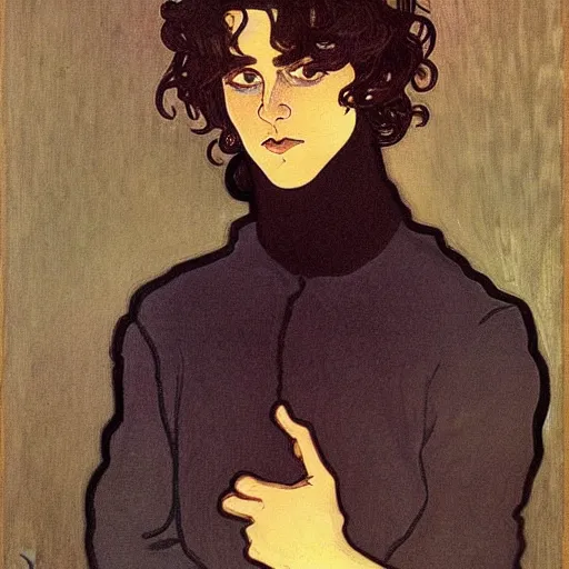 Image similar to painting of young cute handsome beautiful dark medium wavy hair man in his 2 0 s named shadow taehyung at the halloween party, somber, depressed, melancholy, sad, elegant, clear, painting, stylized, delicate, soft facial features, delicate facial features, soft art, art by alphonse mucha, vincent van gogh, egon schiele