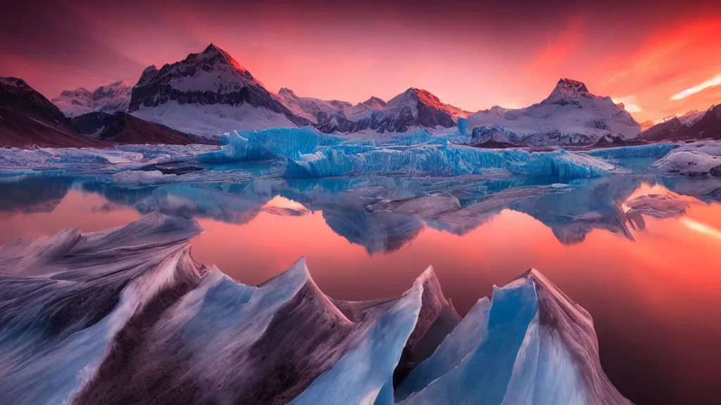 Image similar to amazing landscape photo of a glacier with lake in sunset by marc adamus, beautiful dramatic lighting