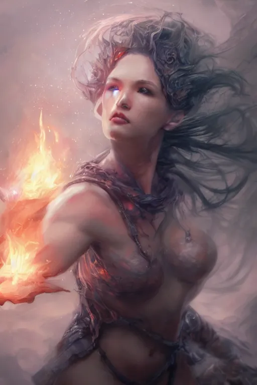 Image similar to torso closeup beautiful girl necromancer, witch, storm clouds, thunder in hands, casting spell, angels, 3 d render, hyper - realistic detailed portrait, holding fire and electricity, ruan jia, wlop. scifi, fantasy, magic the gathering, hyper detailed, octane render, concept art, peter mohrbacher