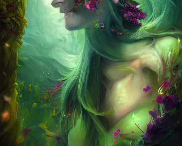 Prompt: spring, green, colorful flowers, detailed portrait painting of irreconcilable personification by anato finnstark, noah bradley, raymond swanland, and steven belledin, cinematic lighting, highly detailed, digital painting, trending on artstation, pixiv, concept art, sharp focus, illustration