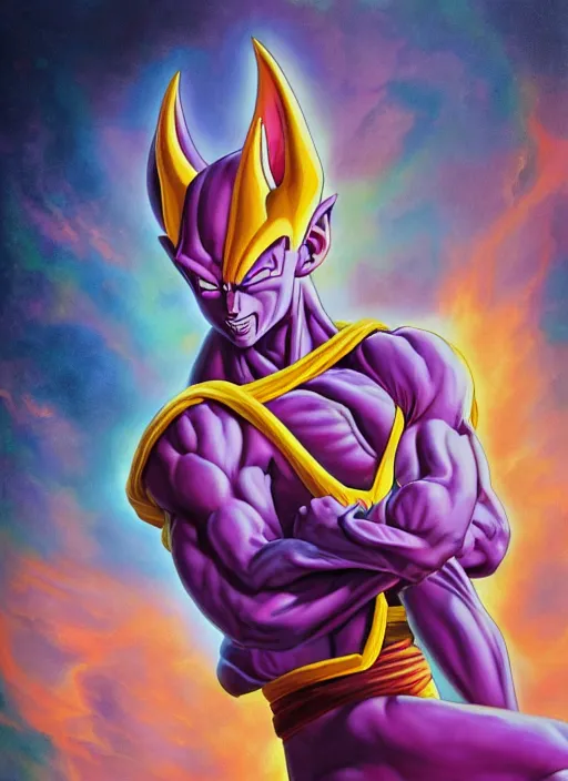 Image similar to a epic portrait of beerus from dragon ball z, art by boris vallejo and greg danton and denys tsiperko, detailed, hyperrealism, artstation