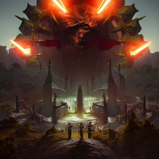 Image similar to full shot of a symmetrical game sigil of giant medieval weapons crossed, red powerful fantasy epic legends, game icon stylized, digital illustration radiating, a glowing aura, global illumination, ray tracing, 8 k high definition, intricate details, octane render, unreal engine, trending on arstation