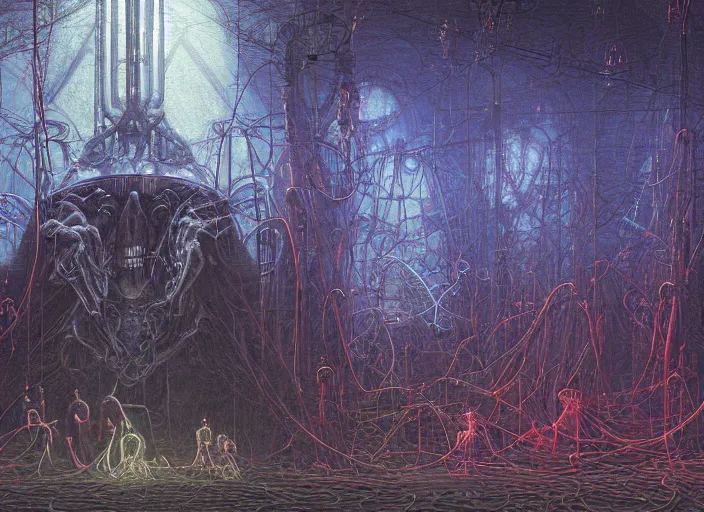 Image similar to satanic ritual, neon, they are watching, RGB, glowing wires everywhere, pristine, by Edgar Maxence and Ross Tran, Zdzisław Beksiński, and Michael Whelan, distant, gustav dore, H.R. Giger, 8k, octane render