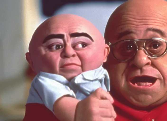 Prompt: film still of Danny Devito as Mini Me from Austin Powers 1999