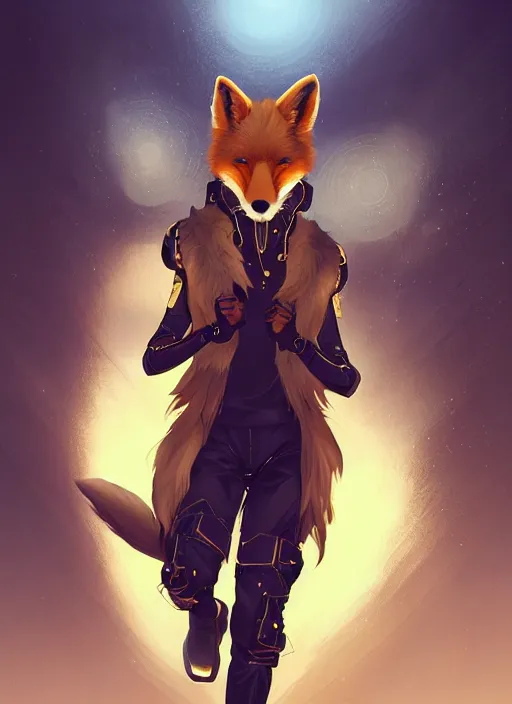 Image similar to award winning beautiful portrait commission of a male furry anthro melanated fox fursona with a tail and a cute beautiful attractive detailed furry face wearing stylish black and gold cyberpunk clothes in a cyberpunk city at night while it rains. Character design by charlie bowater, ross tran, artgerm, and makoto shinkai, detailed, inked, western comic book art