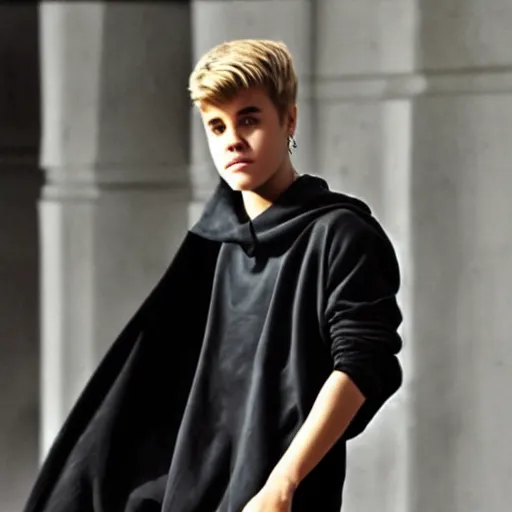 Image similar to justin bieber wearing a trashbag, cinematic style