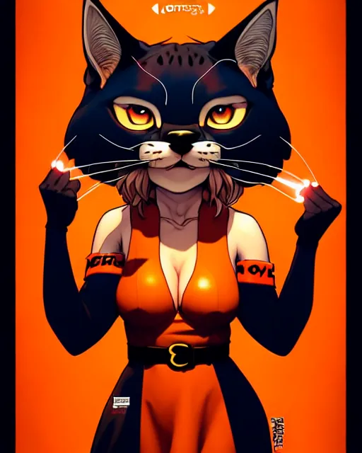 Image similar to artgerm, frank cho comic cover art, bobcat with orange fur, red dress, symmetrical eyes, symmetrical face, white shirt with red exclamation point logo, dark castle background, cinematic lighting