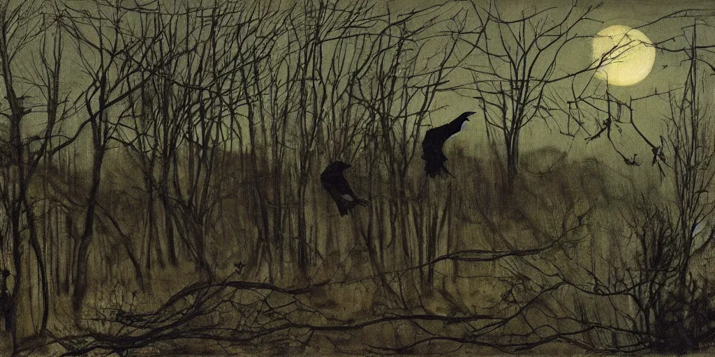 Image similar to the creepy witch with crows, out in the dark woods, a painting by Andrew Wyeth