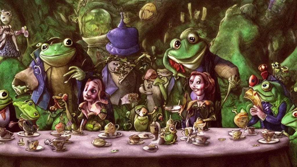 Prompt: A movie screenshot of frogs and toads (by Brian Froud) having tea with Alice in Wonderland, directed by Henry Selick and Tim Burton, cinematic, balanced composition, whimsical.