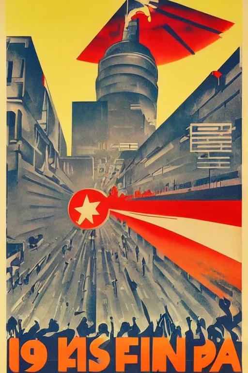 Prompt: ussr propaganda poster of 1 9 5 0 s city burning, futuristic design, dark, symmetrical, washed out color, centered, art deco, 1 9 5 0's futuristic, glowing highlights, intense