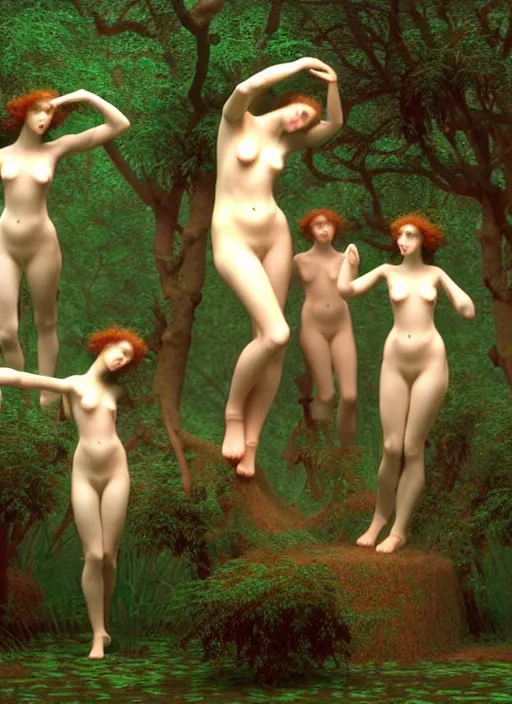 Prompt: pagan nymps dancing with fawns in a deep thorns bones bloody 3d vaporwave cyber forest in 5th dimensional space, by william-adolphe bouguereau and Austin Osman Spare and Takato Yamamoto, high resolution, rendered in octane 3d