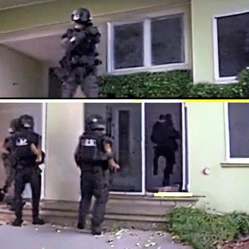 Prompt: security camera footage of swat team entering house, police breaking down door, cctv outside footage, armed police ambush, grainy film