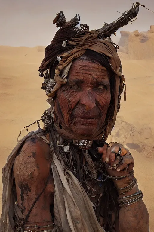 Image similar to a full body portrait of a beautiful post apocalyptic offworld desert bedouin blind retrofuturistic barbarian leper begging by the roadside, intricate, elegant, highly detailed, digital painting, artstation, concept art, smooth, sharp focus, illustration, art by krenz cushart and artem demura and alphonse mucha