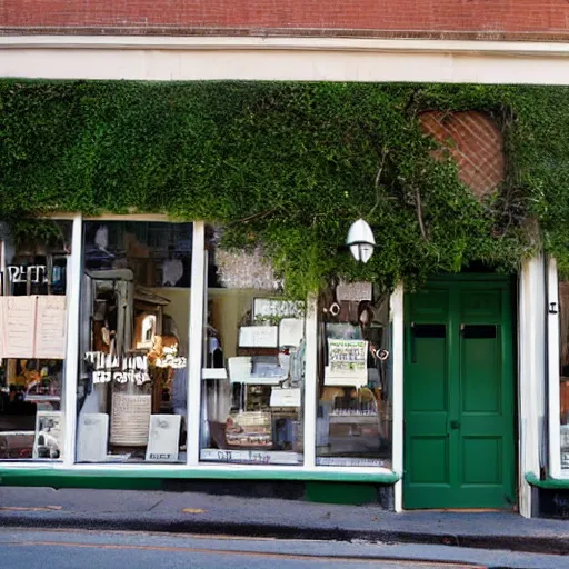 Image similar to a row of shops on main street shot straight-on, one of the shops has ivy pouring out of the door