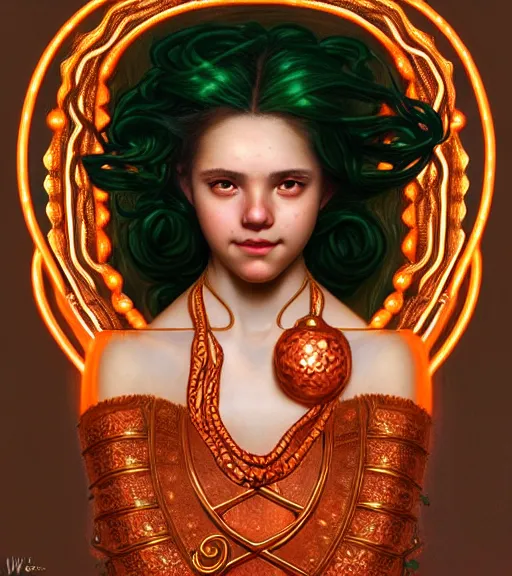 Prompt: portrait of teenage medusa, snake hair, naughty smile, wearing an embroidered orange tunic, intricate, elegant, copper and emerald jewelry, glowing lights, highly detailed, digital painting, artstation, concept art, smooth, sharp focus, illustration, art by wlop, mucha, artgerm, and greg rutkowski