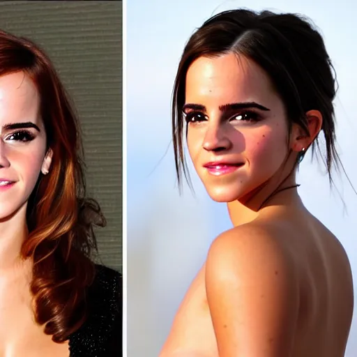 Image similar to emma watson mixed with kim kardashian, full - figure profile shot