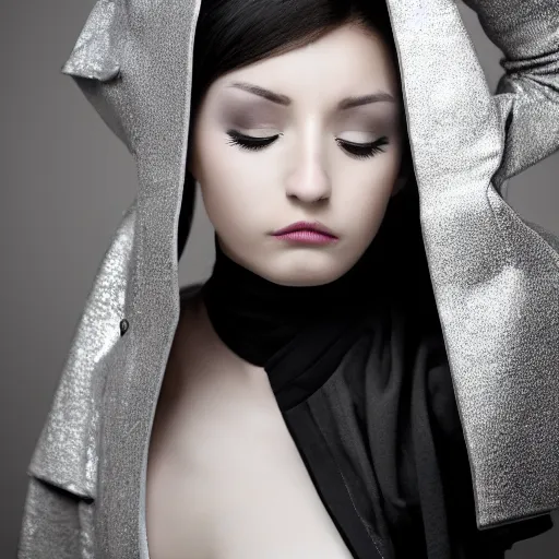 Image similar to female, beautiful, portrait, photograph, looking at viewer, silver pink black jacket,