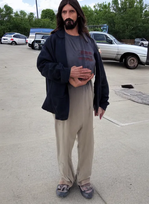 Image similar to jesus looking exhausted while leaving his midday shift at walmart