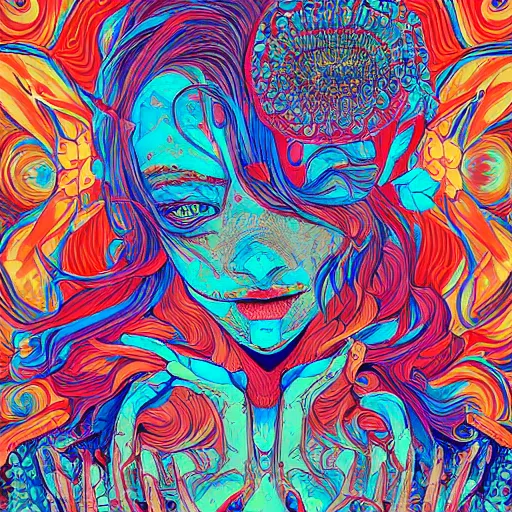 Prompt: psychedelic james jean illustration