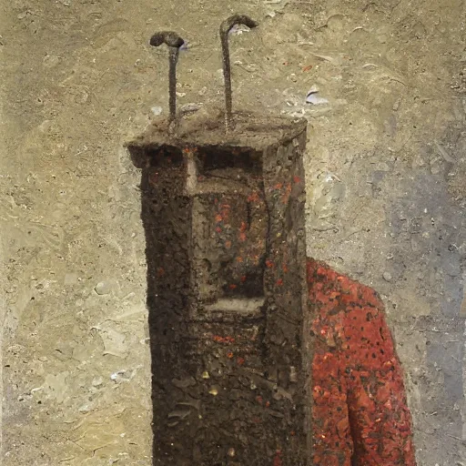 Image similar to a detailed, impasto painting by shaun tan and louise bourgeois of a nonpictoral forgotten sculpture by ivan seal and the caretaker