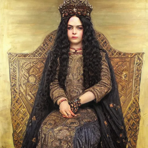 Image similar to a oil painting of a fair skin with dark curly stylised hair queen wearing dress on a throne, medieval arabic, by frederick william elwell, by otomo highly detailed, realistic, concept art, jewels, oriental, desaturated