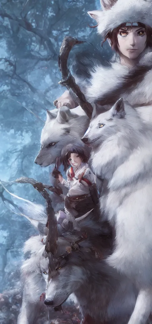 Prompt: Princess Mononoke, standing next to Moro the white wolf, close up portrait by loish and WLOP, octane render, dynamic lighting, asymmetrical portrait, dark fantasy, trending on ArtStation