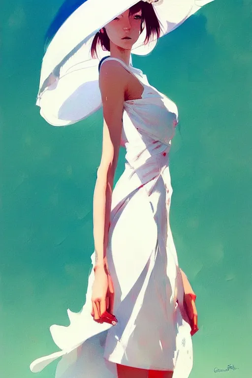 Image similar to a ultradetailed beautiful painting of a stylish woman wearing a white dress with a sun hat, by conrad roset, greg rutkowski and makoto shinkai trending on artstation