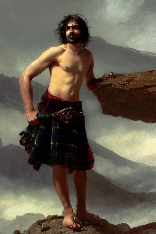 Prompt: a homoerotic portrait by greg rutkowski and albert bierstadt and bill ward of a shirtless young desi hiker on a mountain peak | he is wearing a revealing tartan kilt, cowboy hat, and leather boots | background is snowy mountains and clouds | detailed face, ethereal, dreamlike | trending on artstation