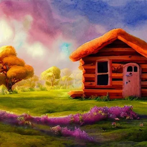 Image similar to a watercolor art in shape of wool felting small wooden house in the middle of spring forest, bright colours, children illustration, 4 k, matte painting, by rhads