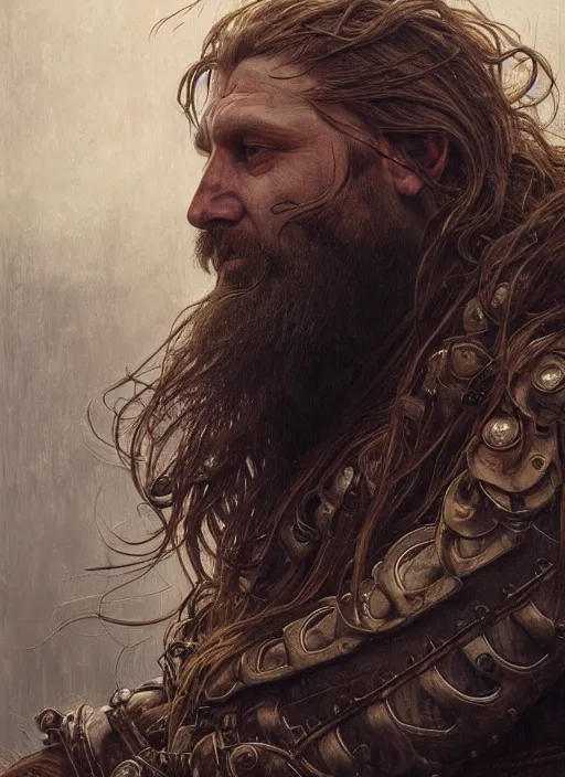 Prompt: portrait of a 4 0 year old giant strong man with long tangles of bushy ginger hair and beard, piercing eyes, wearing leather armor, hyper realistic face, epic, very low angle, fantasy art, in the style of greg rutkowski, intricate, alphonse mucha, hyper detailed, smooth