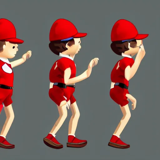 Image similar to Animation walk cycle. sprite character. Male with a red hat and red overalls. 6 frames of animation