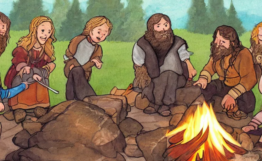 Image similar to childrens book illustration of the fellowship of the ring making s'mores around a campfire