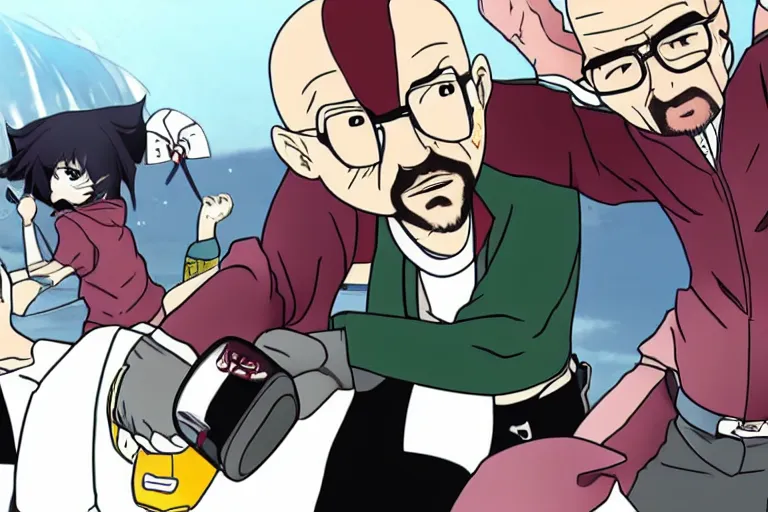 Image similar to Walter White fighting Jesse Pinkman in an anime