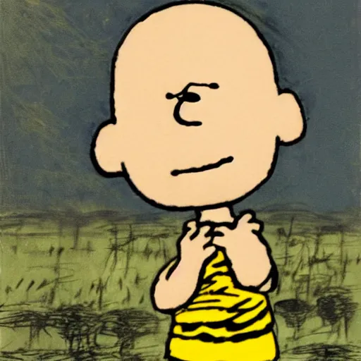 Image similar to Charlie Brown if he was a war criminal in 1945, somber, dark, Frank Weston Benson,