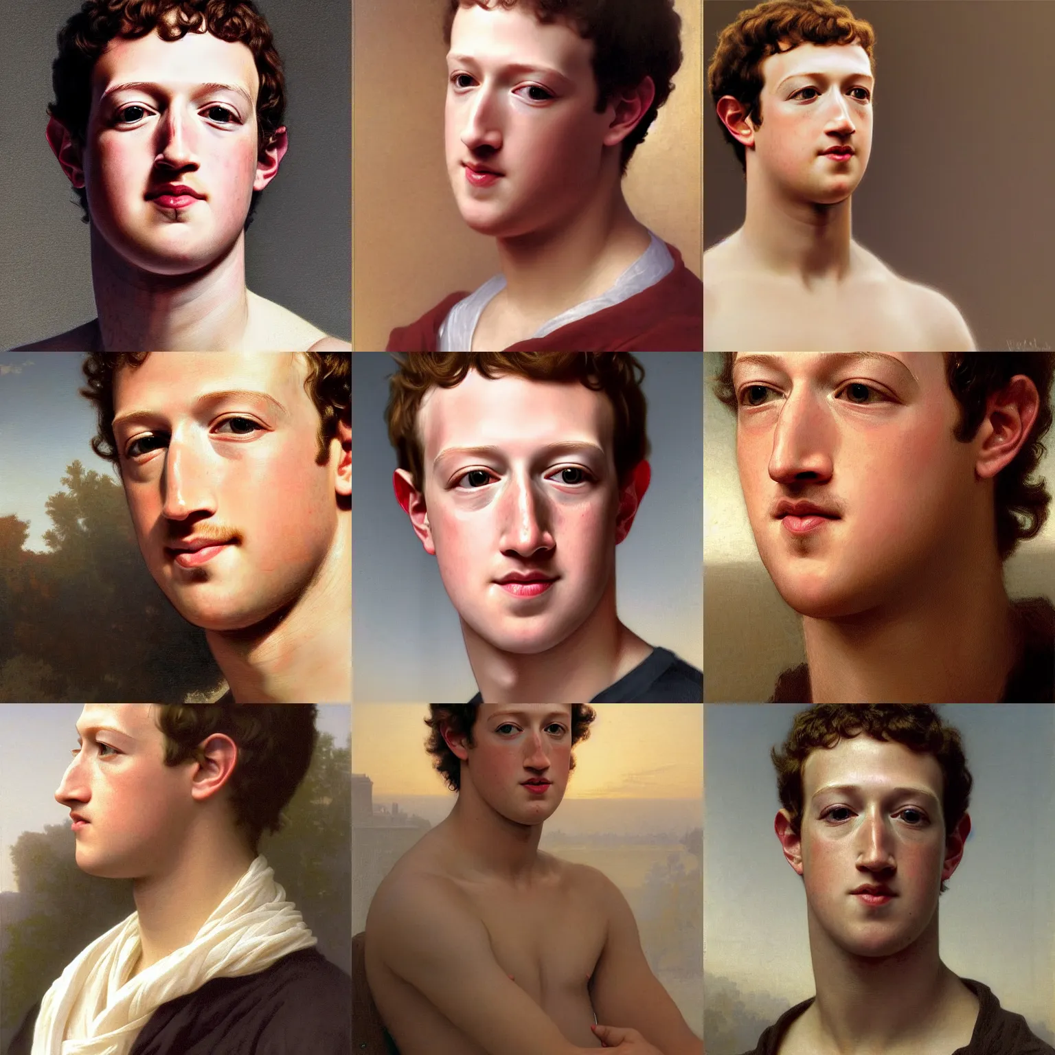 Prompt: close up of amazingly handsome noble man.Mark Zuckerberg.Very Attractive ! Asthetics ! Art by William-Adolphe Bouguereau. During golden hour. Extremely detailed. Beautiful. 4K. Award winning.