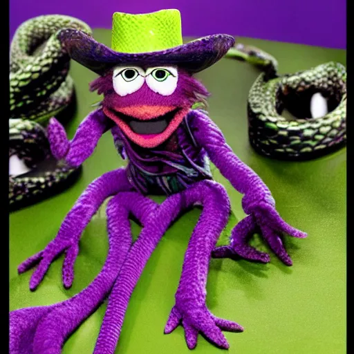 Prompt: purple green cowboy snake jim henson muppet